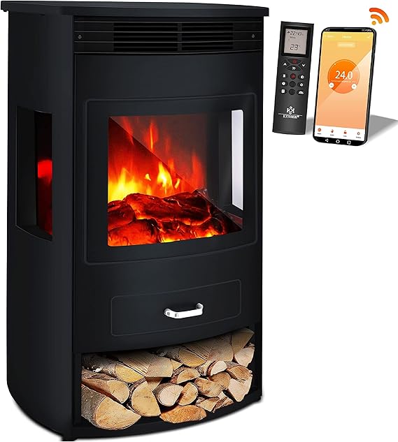 KESSER® Prio Elektrokamin mit Heizung & Fernbedienung, 950/1900W, Realistischer LED-Flammeneffekt, 3-Seiten-Panoramafenster, Thermostat & Timer, Standkamin