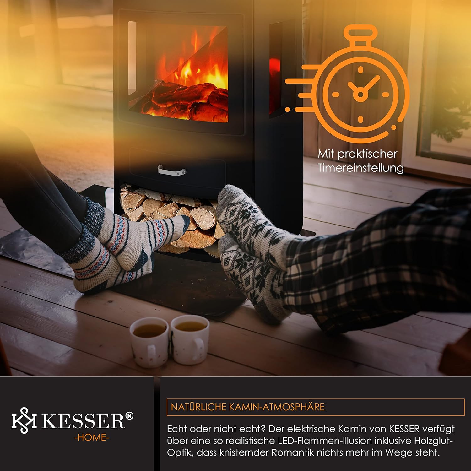 KESSER® Prio Elektrokamin mit Heizung & Fernbedienung, 950/1900W, Realistischer LED-Flammeneffekt, 3-Seiten-Panoramafenster, Thermostat & Timer, Standkamin