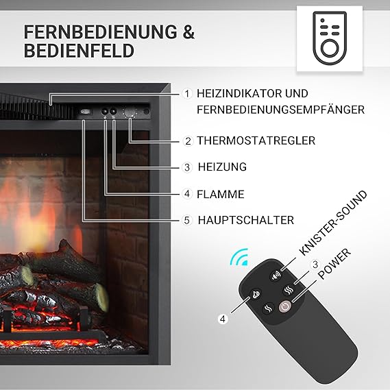 RICHEN EF4XC Elektrokamin mit Heizung – 3D-Flammeneffekt & Knistergeräusch, Fernbedienung, Elektrischer Standkamin in Schwarz