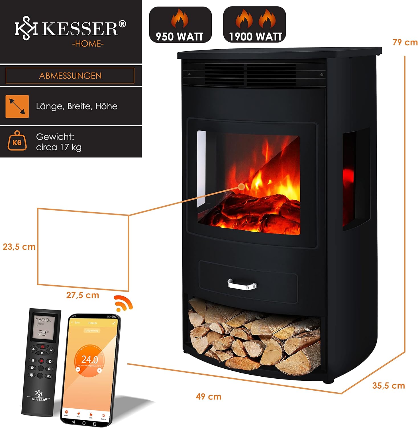 KESSER® Prio Elektrokamin mit Heizung & Fernbedienung, 950/1900W, Realistischer LED-Flammeneffekt, 3-Seiten-Panoramafenster, Thermostat & Timer, Standkamin