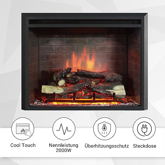 RICHEN EF4XC Elektrokamin mit Heizung – 3D-Flammeneffekt & Knistergeräusch, Fernbedienung, Elektrischer Standkamin in Schwarz