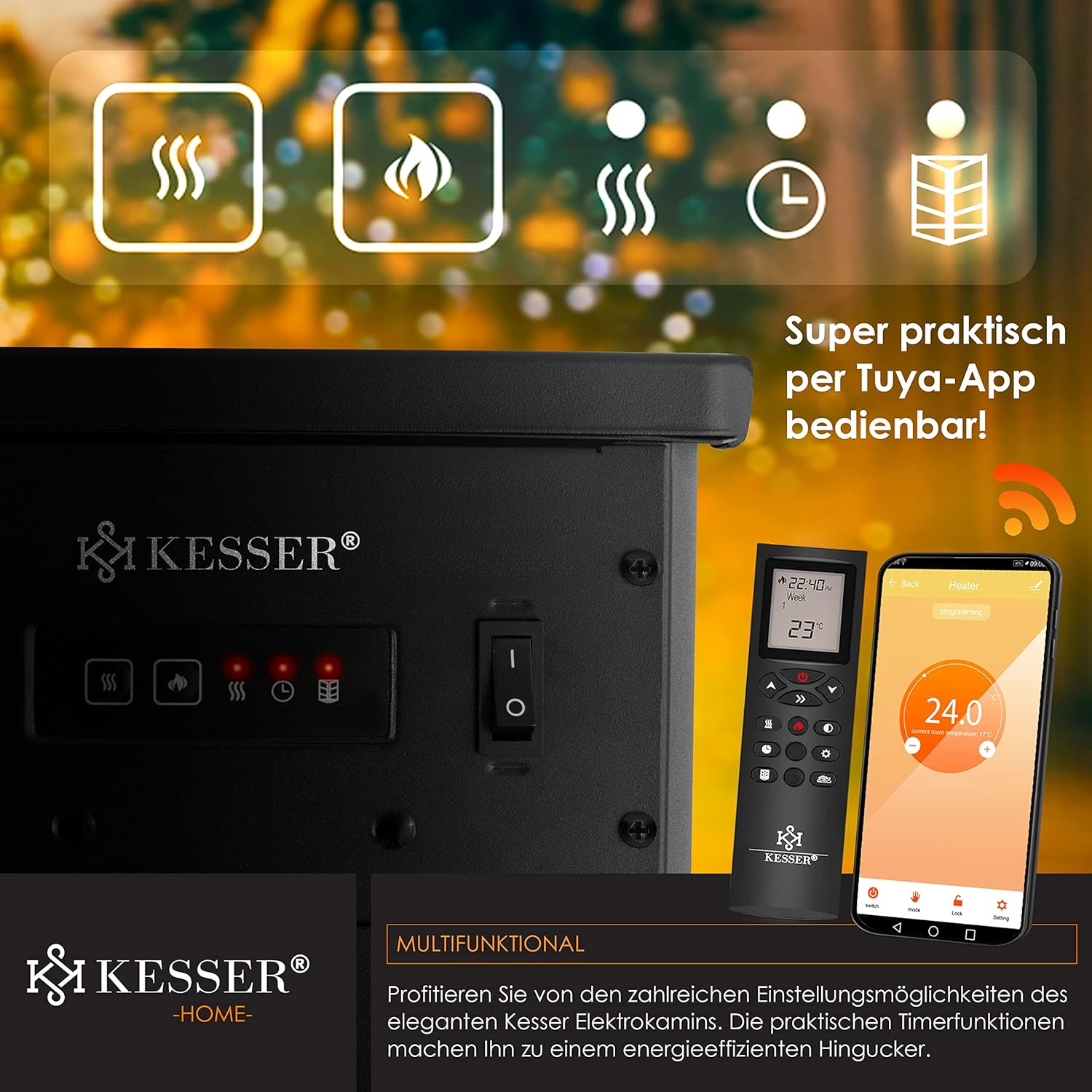 KESSER® Prio Elektrokamin mit Heizung & Fernbedienung, 950/1900W, Realistischer LED-Flammeneffekt, 3-Seiten-Panoramafenster, Thermostat & Timer, Standkamin