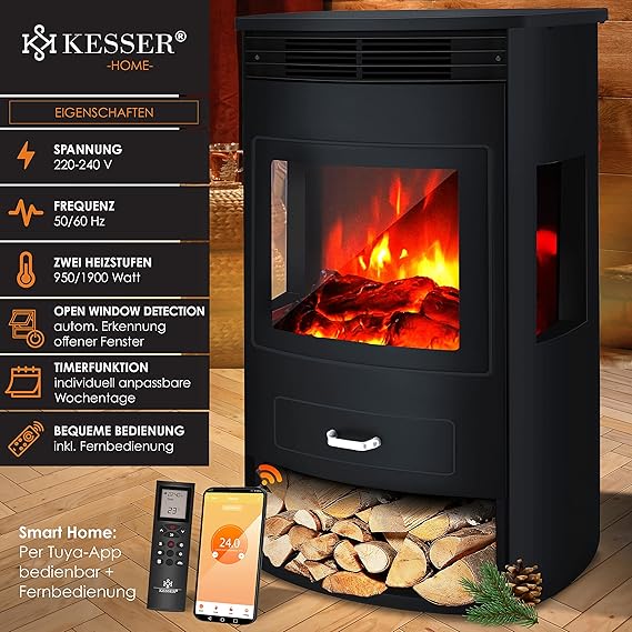 KESSER® Prio Elektrokamin mit Heizung & Fernbedienung, 950/1900W, Realistischer LED-Flammeneffekt, 3-Seiten-Panoramafenster, Thermostat & Timer, Standkamin